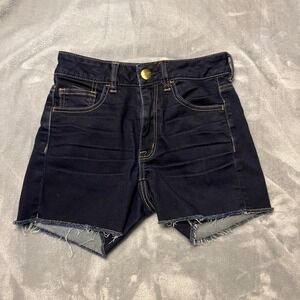 American Eagle Hi Rise Shortie Denim Shorts Dark Festival Cutoff Sz 2 Y2k Frayed